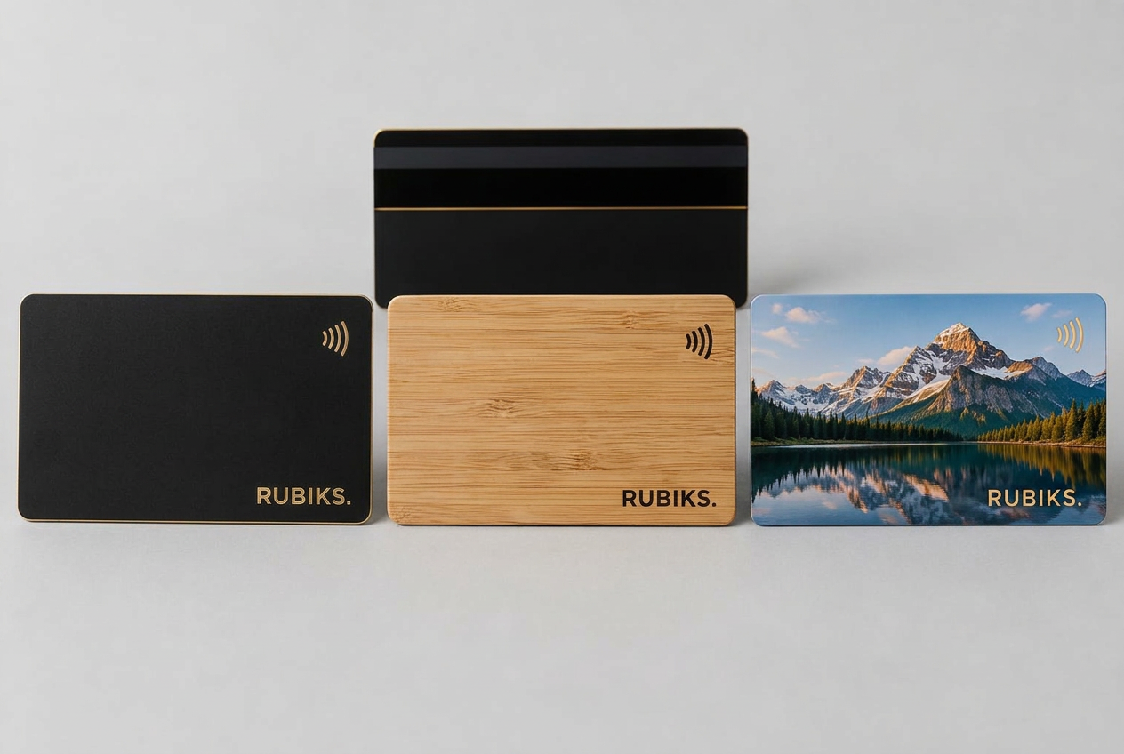 Black RUBIKS. card with gold engraving, wooden card with black text and custom picture tap card